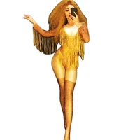 glistening gold fringe party show performance stage wear shining rhinestones women jumpsuits jazz dance costume stretch bodysuit