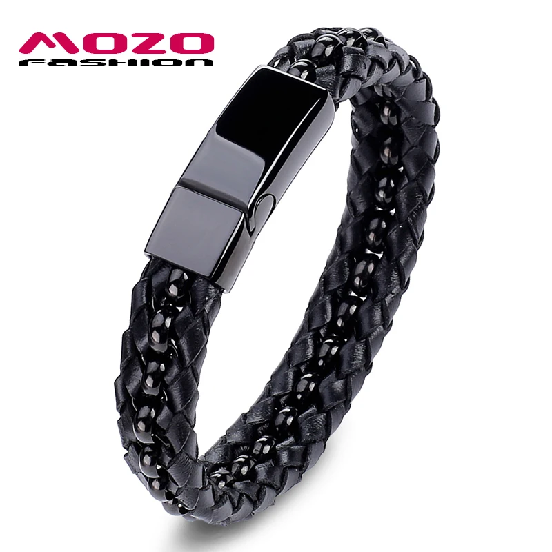 

Fashion Men Vintage Bracelet Stainless Steel Bead Chain Leather Mixed Braided Bracelets & Bangles Punk Male Jewelry PS2025
