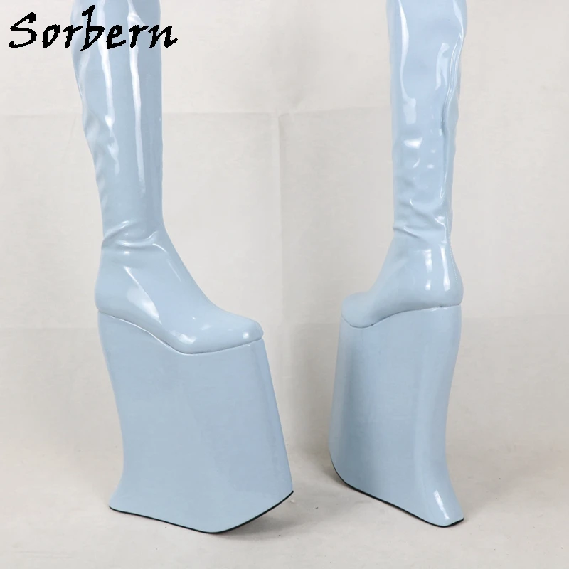 Сапоги женские Sorbern черные из лакированной кожи на высокой танкетке 15-40 см | Обувь