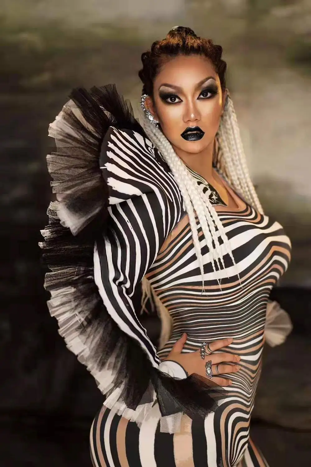 

Hot Sale Zebra Pattern Jumpsuit Women Singer Sexy Stage Outfit Bar DS Dance Cosplay Bodysuit Costume Prom Model Show Clothes