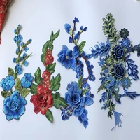 1pcs 3d blue flower embroidery patch applique sewing on wedding dress robe clothes accessory rose floral collar deco patches diy