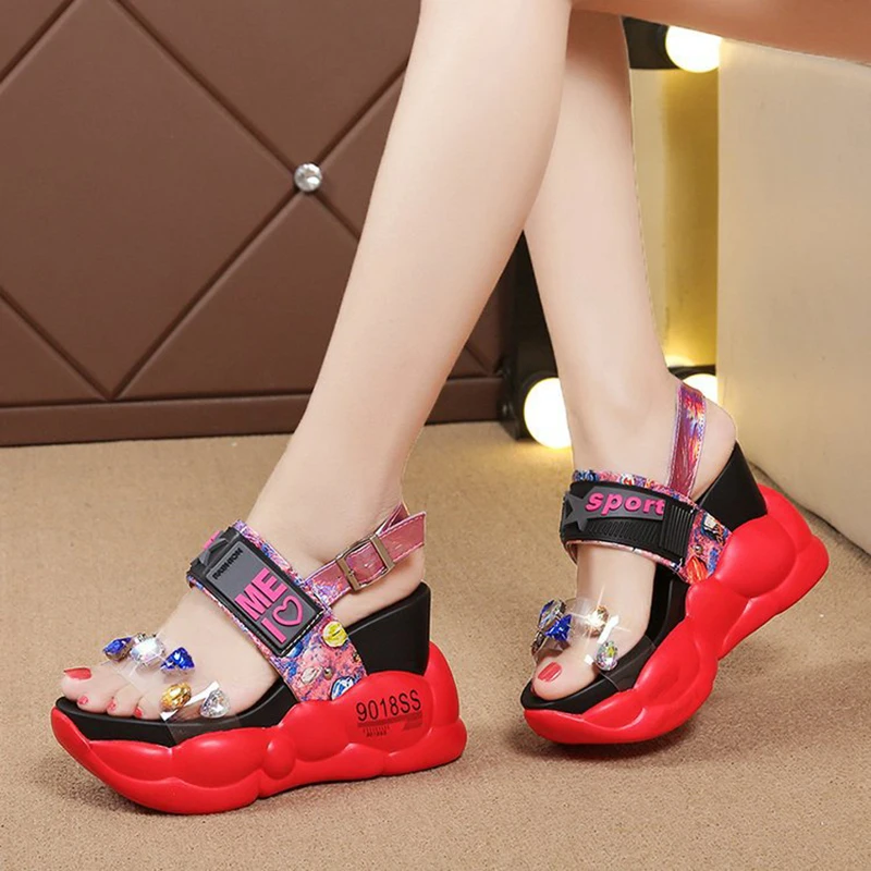 

Women Sandals Fashion Transparent Diamond Wedge Sandal 2020 Summer Rhinestone High Heels Chunky Platform Shoes