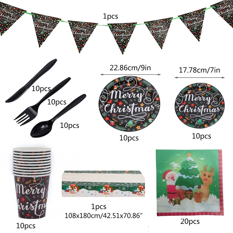 

L38A Christmas Party Supplies Disposable Dinnerware Set 10 Guests Triangle Banner Paper Plates Napkins Cups for Xmas Holiday