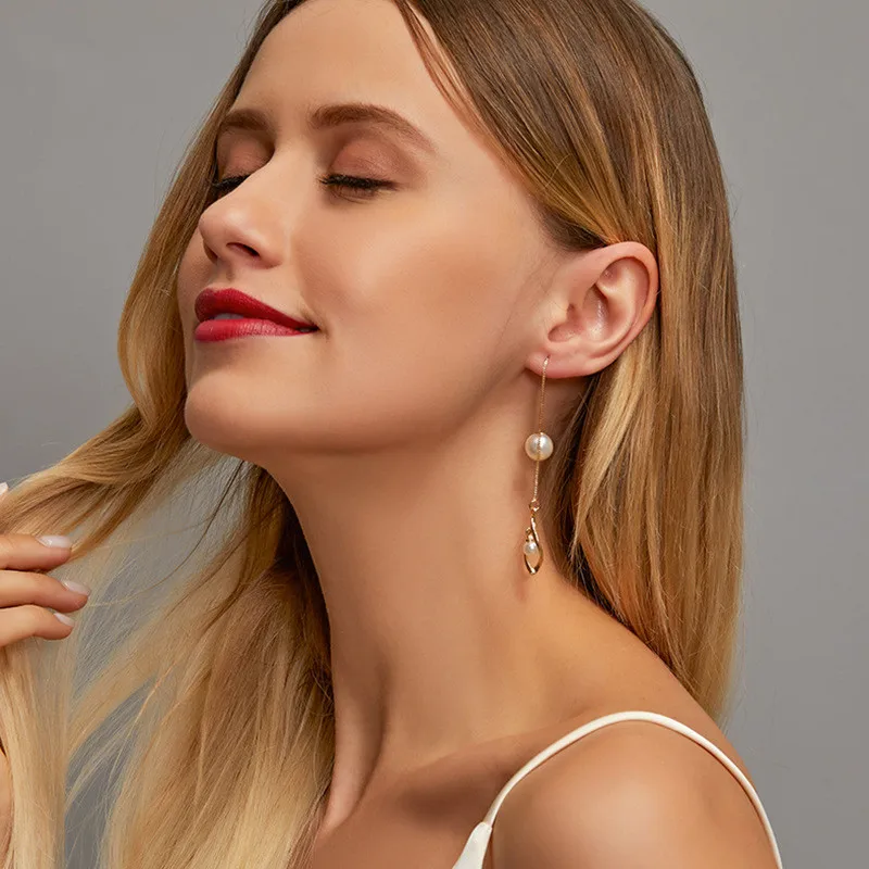 

Elegant Long ChainTassel Earrings Simple Fashion Ear Line Temperament Women Ladies Pearl Pendant Drop Earrings Jewelry