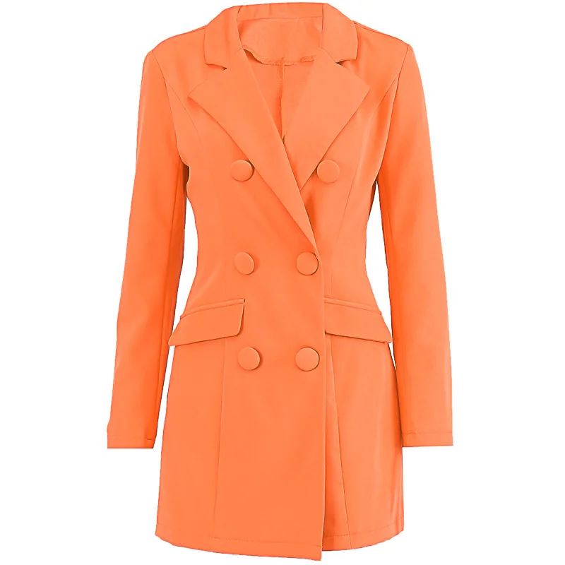 

bright orange turn-down collar two lines buttons long blazer coat women coat