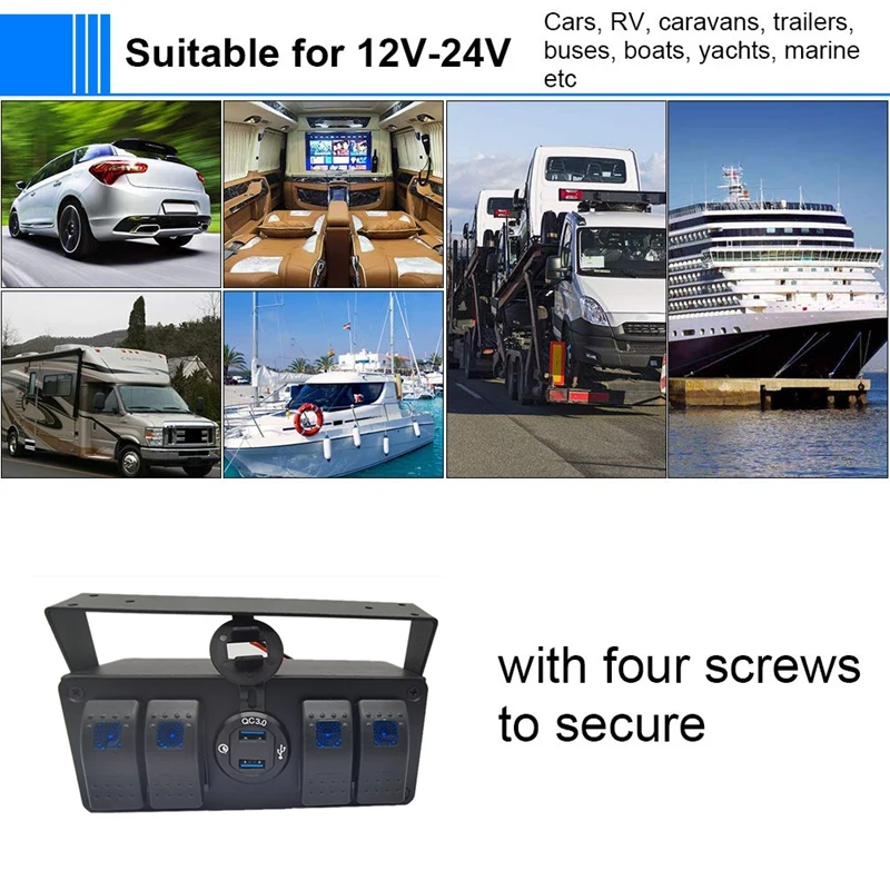 

4 Gang Rocker Toggle Switch Panel ​W/Quick Charge 3.0 USB Charger & Voltmeter Marine Boat Truck Vehicles Car 12V-24V