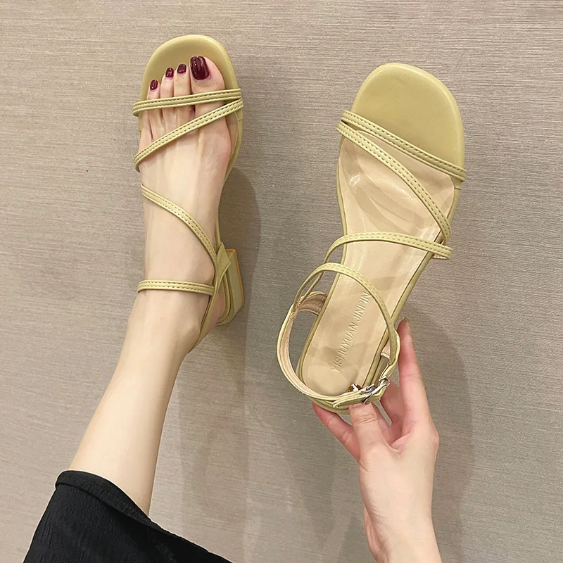 

Comfort Shoes for Women Beach Sandals Buckle Strap 2021 Summer Clear Heels Suit Female Beige Girls Low Block New Fashion Black P