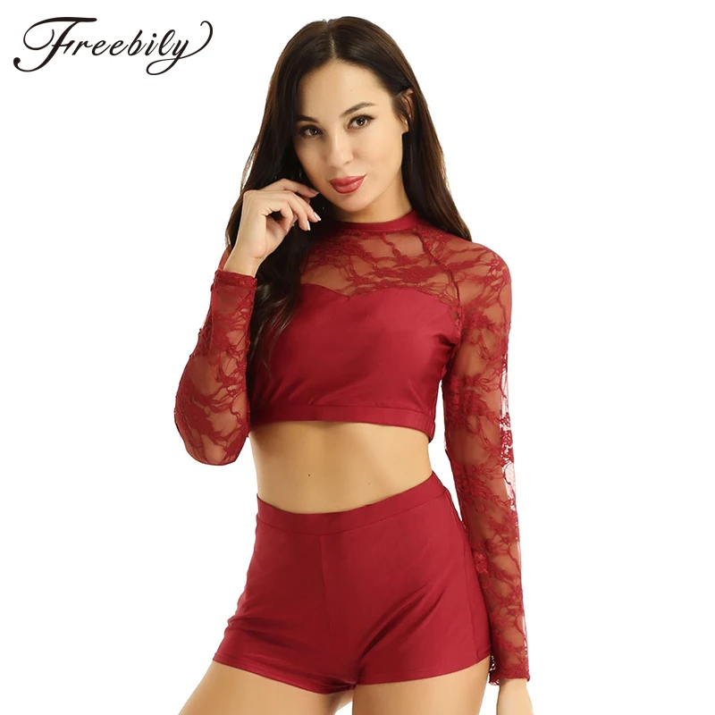 Женский костюм для танцев из двух предметов Кружевной укороченный Топ с длинным