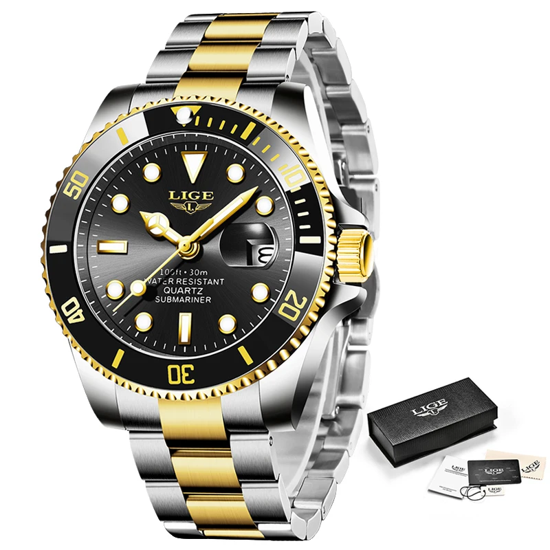 

LIGE Top Brand Luxury Fashion Diver Watch Men Waterproof Date Clock Gold Blue Watches Mens Quartz Wristwatch Relogio Masculino