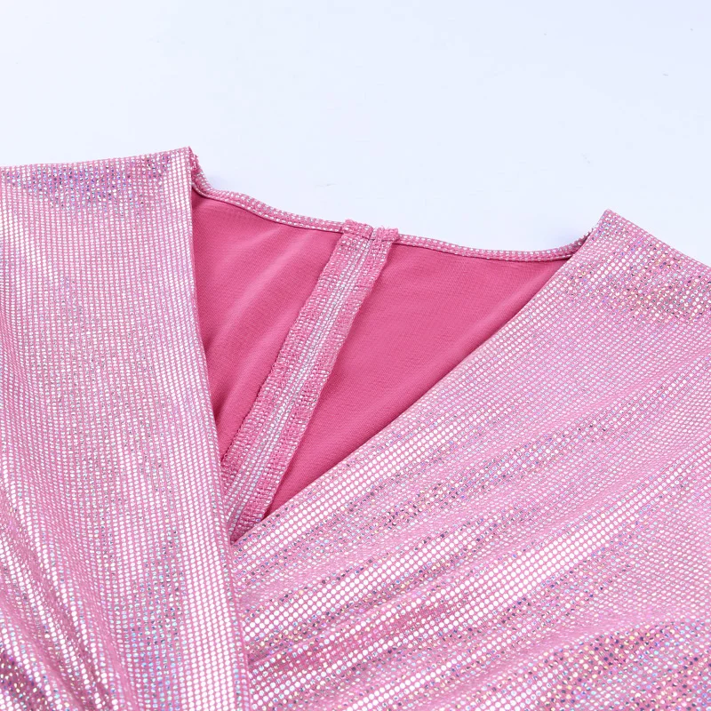 

OSLLENLLA Shiny Sequins Pink V-Neck Mini Dresses Women Sexy Long Sleeve Bodycon Dresses Ladies Glitter Sequins Short Party Dress