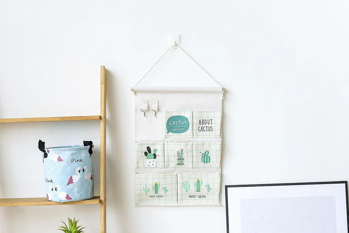 

7-Pocket Hook Cactus House Modeling Wall Wall-Mounted Storage Bag Multi-Functional Sundries Foldable Hanging Bag