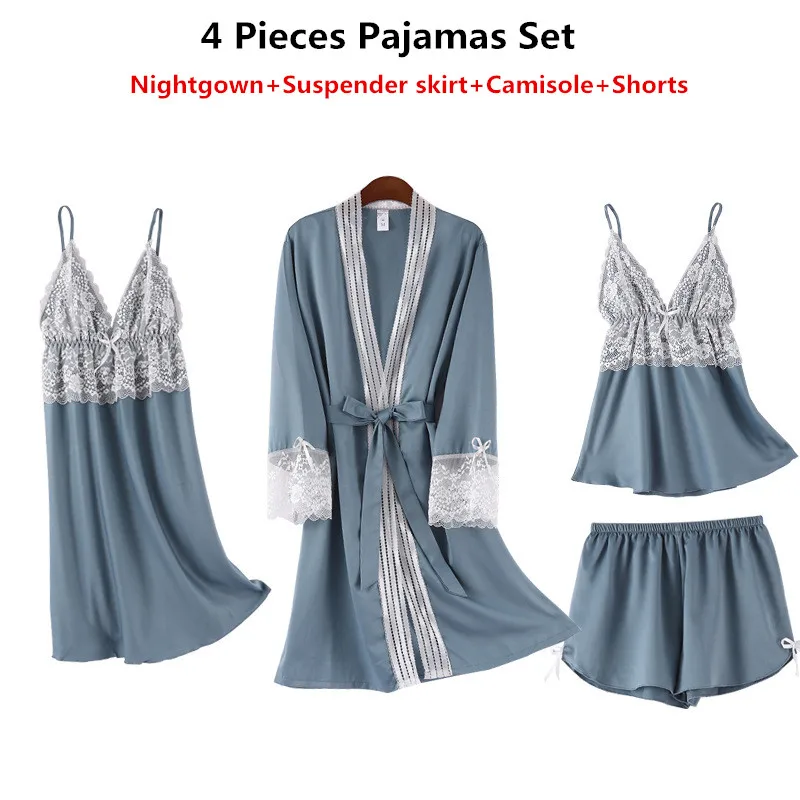 

Женская пижама, комплект из 4 предметов, шелковая атласная однотонная Пижама, сексуальные пижамы с кружевами, ночное белье, домашняя одежда, ...