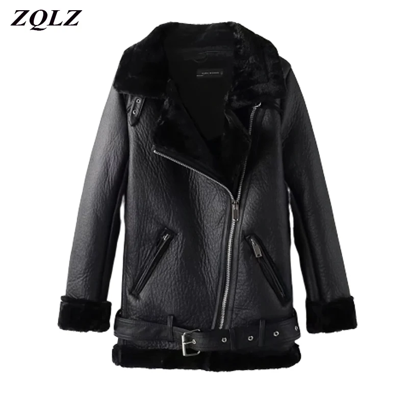Женская куртка из искусственной кожи Zqlz черная Толстая теплая мотоциклетная на
