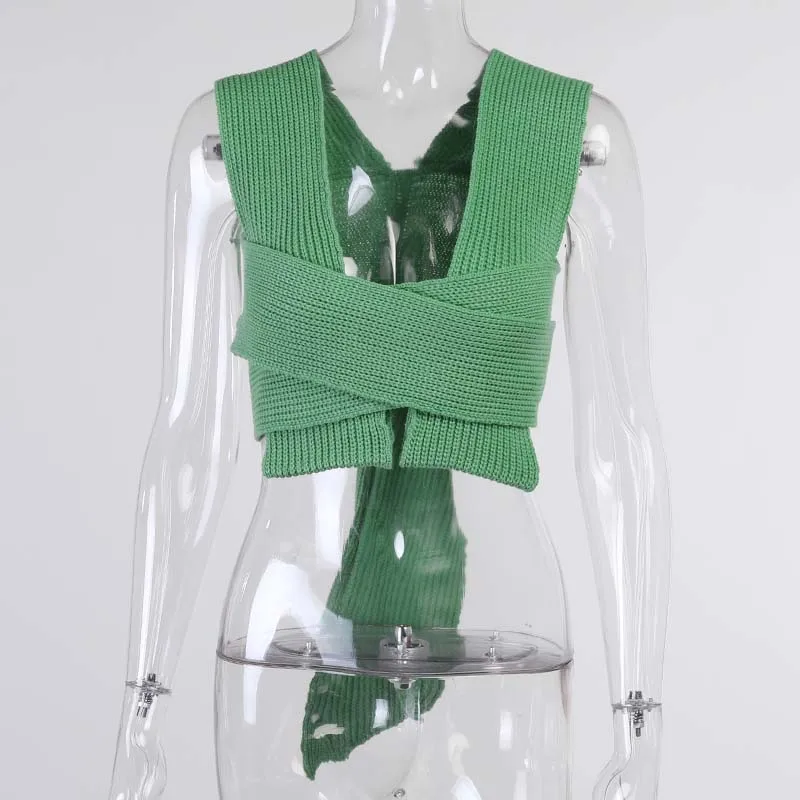 

2021 Sexy Sweater Vest Women Slim Fit Knitted Sweater Vest Ladies Cotton Crop Sweater For Women White Green