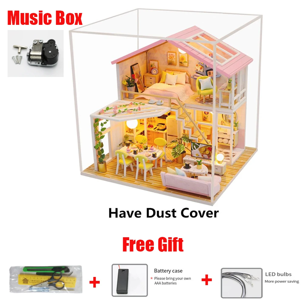 

3D Wooden Miniature DIY Dollhouse Handmade Furnitures Lights Doll House Model Princess Castl Building Toys Adult Child Girls