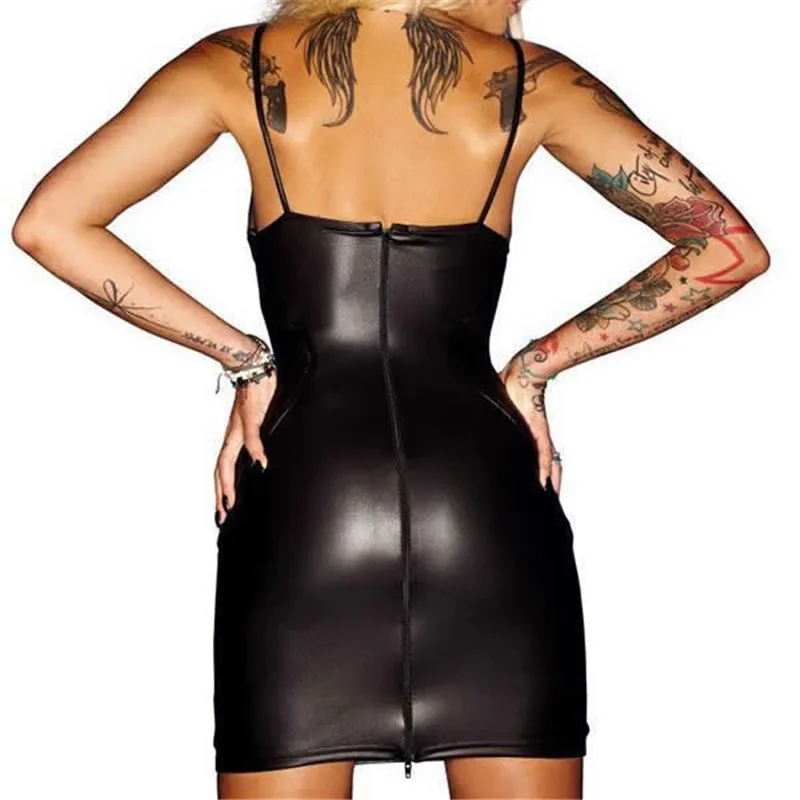 Женское платье черное сексуальное облегающее из искусственной кожи прозрачное