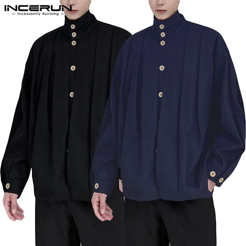 

INCERUN Men Solid Shirts Vintage Button Up Camisa Man Long Sleeve Turn Down Collar Blusas Streetwear Loose Brand Shirt Plus Size