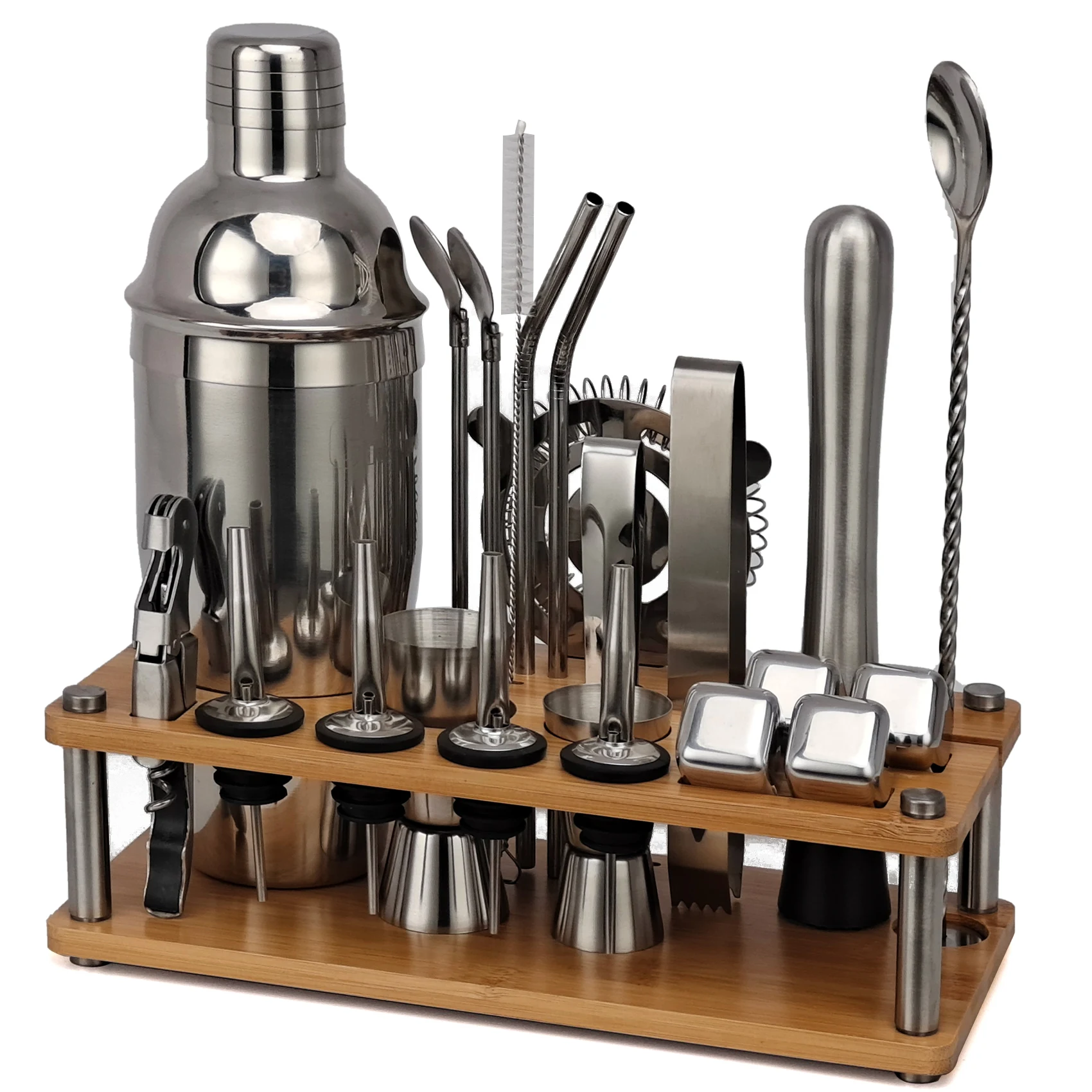 Juego de coctelera de 23 piezas, Kit de camarero con soporte de bamb&uacute; desmontable, herramientas de Bar para casa y fiesta de acero inoxidable, regalo perfecto-5