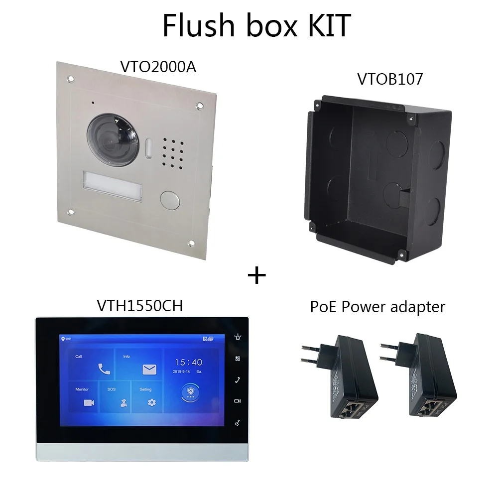 Flush box KIT black DH логотип многоязычный видеодомофон комплект включает VTO2000A поверхностный ящик или флеш-бокс, VTH1550CH, адаптер питания PoE - Цвет: Flush box KIT black