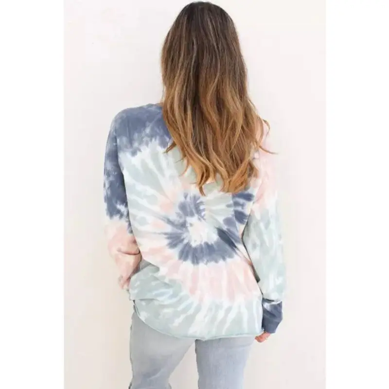 

Women Crewneck Long Sleeve Sweatshirt Color Block Spiral Tie-Dye Loose Tunic Top BX0B