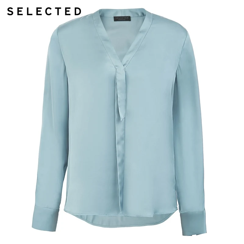 

SELECTED Women's V-neck Draped Natural Casual Long-sleeved Chiffon Shirt S|420151502