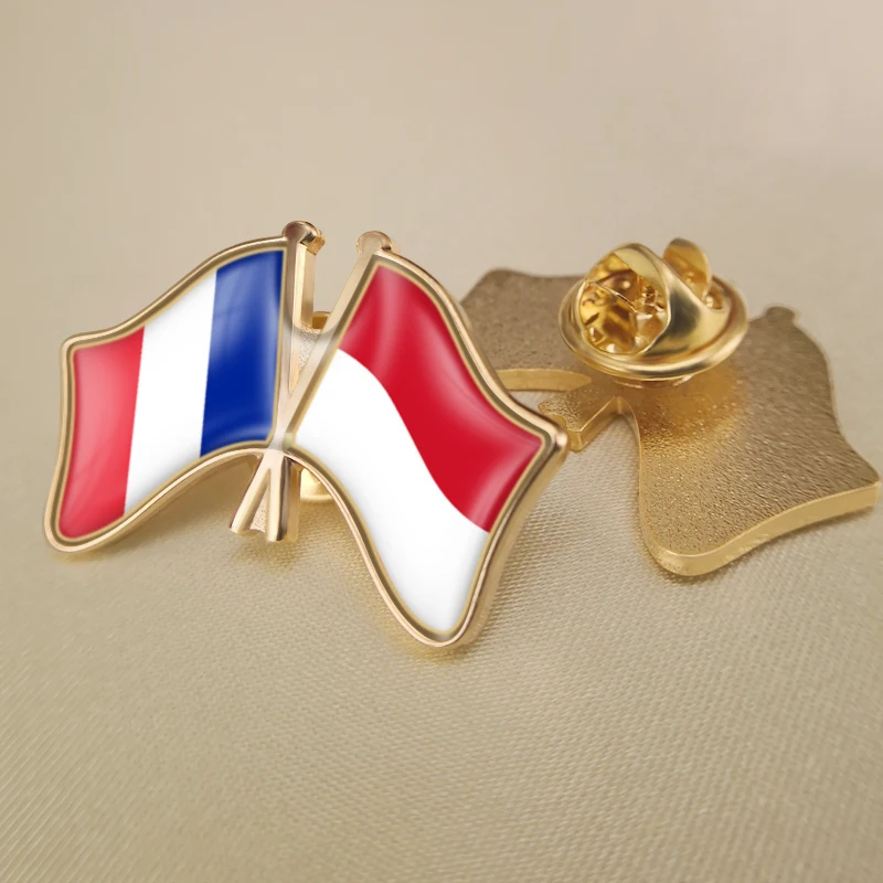 

France and Indonesia Crossed Double Friendship Flags Lapel Pins Brooch Badges