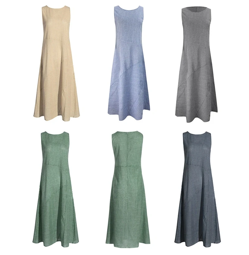 

frauen Sommer Kleid Beilufigen Gestreiften rmellose Maxi Kleid Crew Neck Leinen Tasche Party Lange Strand Kleider