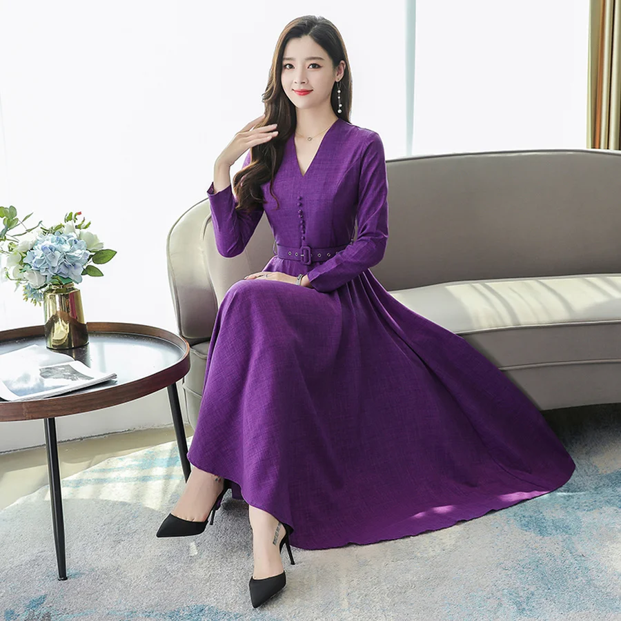

2021 Vintage Solid Linen Midi Dresses Autumn Winter New 3XL Plus Size Long Sleeve Maxi Dress Women Bodycon Party Classy Vestido
