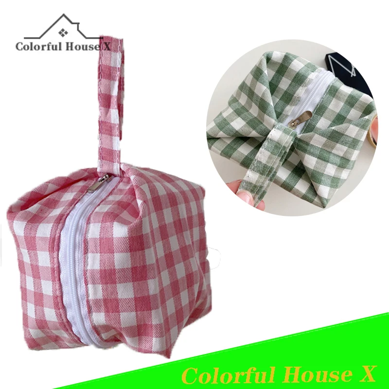 

Female Cosmetic Bag Organizer For Cosmetics Storage Container Square Grid Pouch Breathable Cotton And Linen Household Products