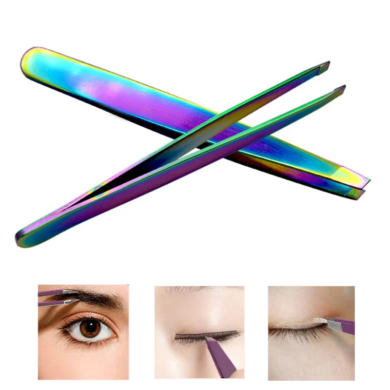 Горячий Радужный пинцет для бровей из нержавеющей стали с наклонным кончиком