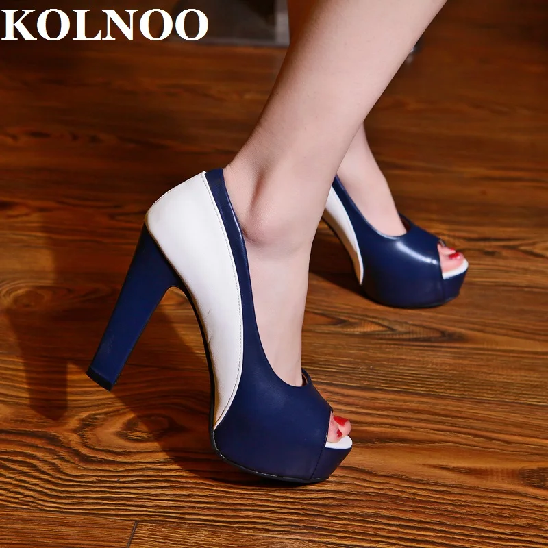 KOLNOO Handmade Ladies 10cm Thick Heeled Pumps Patchwork Peep-Toe Sexy Platform Slip-On Daily Wear Fashion Summer Court Shoes