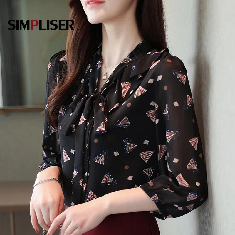 Chiffon Blouse Floral Women Lace Shirt 2020 Spring New Casual Bow Tie Womens Tops And Blouses Korean Style | Женская одежда