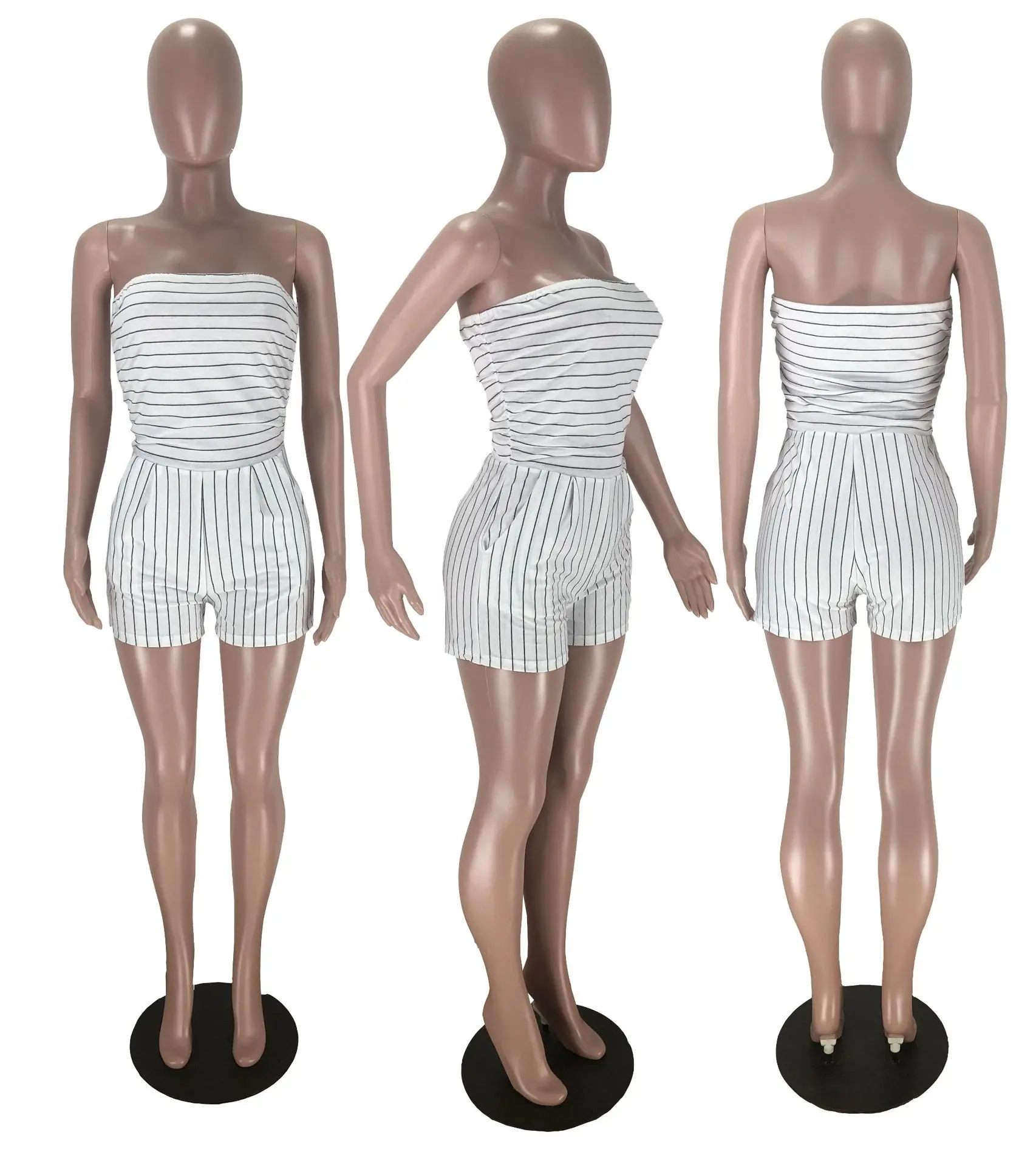 

2020 Fashion Women Stripes Short Jumpsuits Strapless Neck Sleeveless Loose Casual Playsuits Plus Size L--4XL Female Rompers