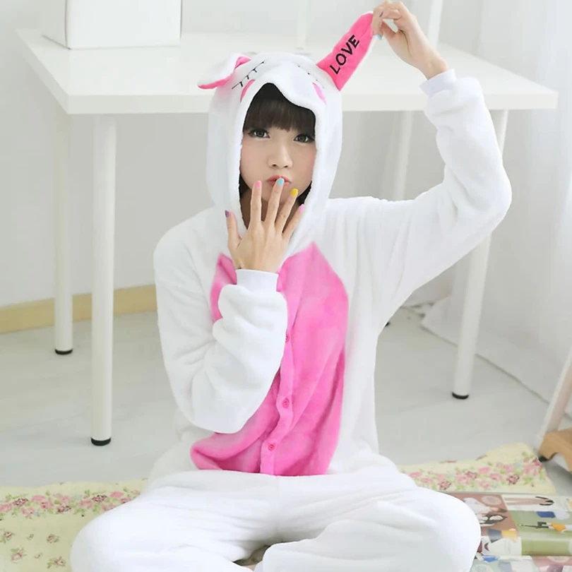 Soft Fabric Flannel Warm Rabbit Nightwear Hooded Onsie Pyjamas Couple Pajamas Women Onesie Sleepwear Kigurumi Clothes