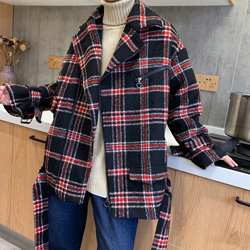 

2019 Autumn And Winter New Men's Red And Black Plaid College Style Jacket Fashion Casual Classic Loose Woolen Coat M-3XL