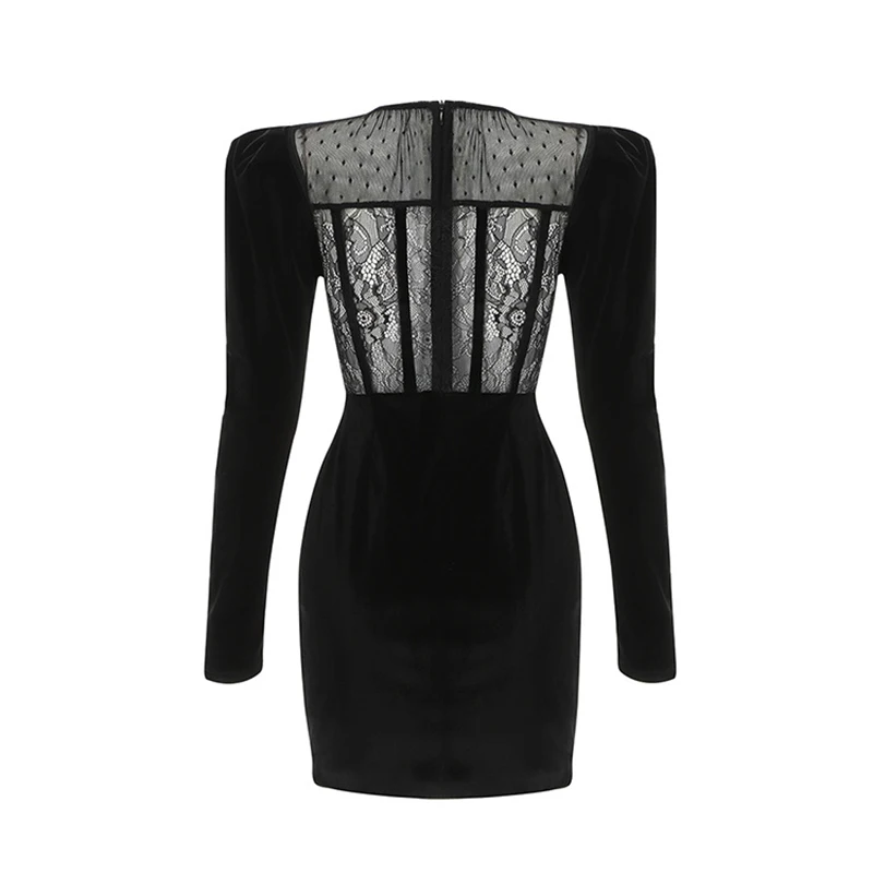 

VGH Black Patchwork Lace Dress For Women O Neck Long Sleeve High Waist Sexy Slim Dresses Female Fashion New Clothing Spring Tide