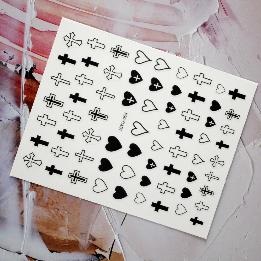 

10PCS 3D Black White Cross Heart Shape Nail Art Sticker Line Cherry Nail Slider Nail Decoration Decal