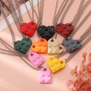 2Pcs Couples Love Heart Brick Pendant Necklace Cute Chain Lego Elements Friendship Necklaces Valentines Women Men Gifts Jewelry