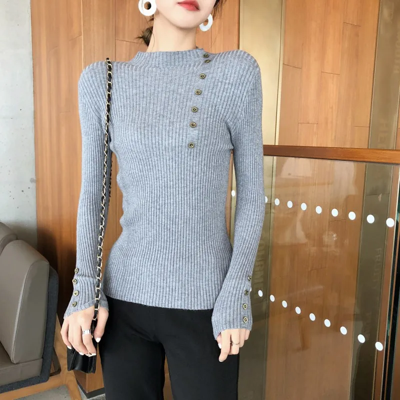 

Autumn Women Sweater Turtleneck Long Sleeve Button Knit Pullover Pull Femme Solid Bottoming Tops Slim Sweaters Jumper