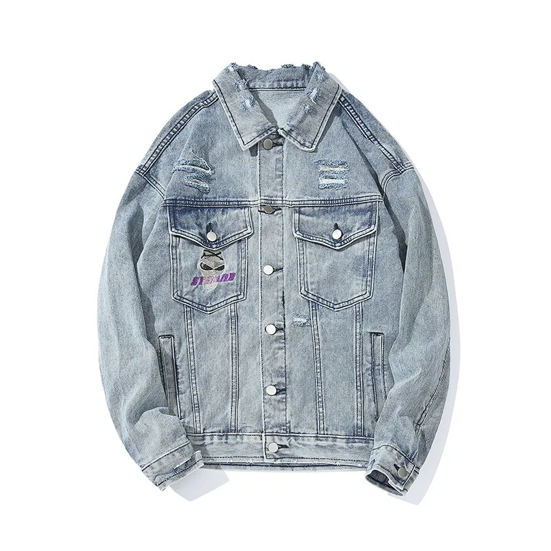 Мужская джинсовая куртка в стиле хип-хоп модная Осенняя уличная одежда синий и