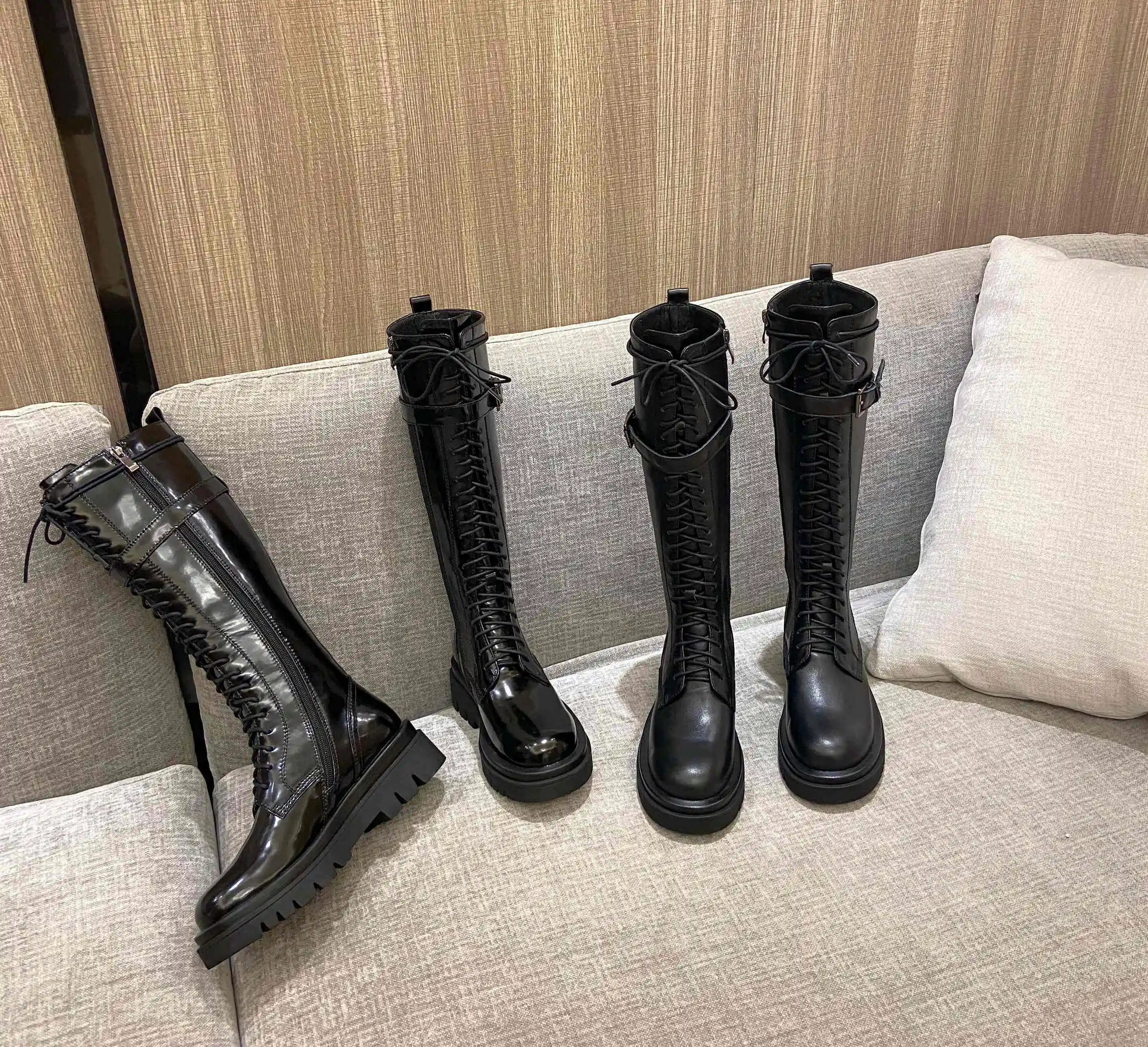 

Krazing Pot big size genuine leather buckle decorations concise round toe thick med heel zipper energy lady thigh high boots L11