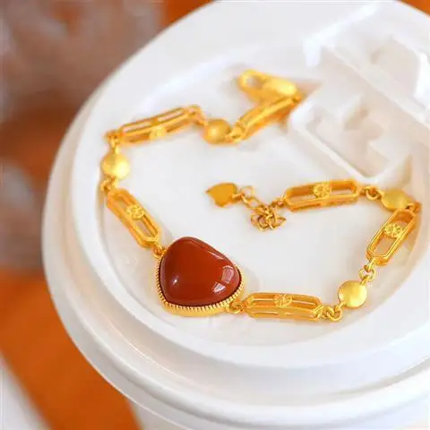 

Classic Southern Red Agate Heart Bracelet Ancient S925 Sterling Silver Gilding Bracelet Fashion All-Matching Hot Selling Bracele