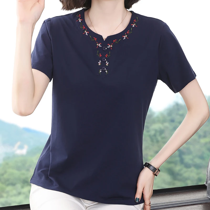 

Shintimes V-Neck Embroidery T Shirt Women Button T-Shirt 2021 Summer Tops Korean Fashion Cotton Woman Clothes Tee Shirt Femme