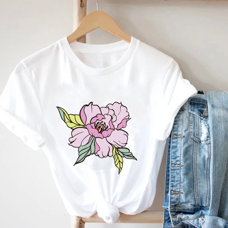 

2021 Summer Tee Shirt Women T Shirt Round Neck Short Sleeve Casual Flower Print Vintage Tops Female Elegant Streetwear T-Shirts