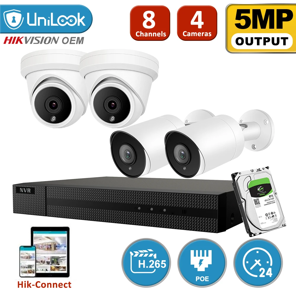 UniLook 8CH NVR 5MP Bullet Turrt Mix POE IP Camera Kit Система безопасности ночное видение Обнаружение