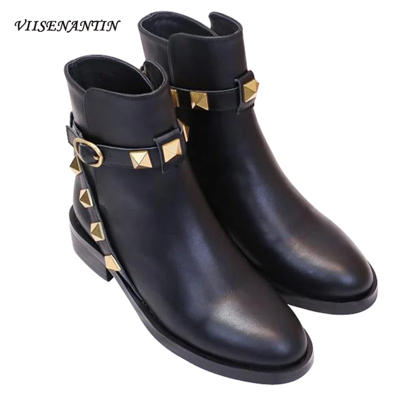 

Autumn and Winter Round Head Thick Heel Mid-heel Leather Rivet Belt Buckle Decorative Short Boots Ladies Thin Boots Single Boots