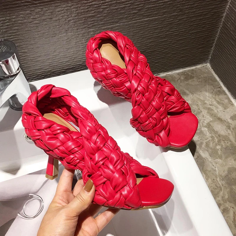 

Good Sexy Thin High Heels Women Sandals Peep Toe Slippers Summer Shoes Woman Soft PU Leather Weave Ladies Slides Candy Color