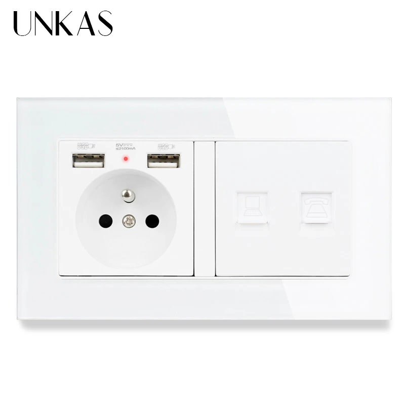 Стеклянная панель UNKAS французская стандартная розетка с 2 USB зарядными портами +