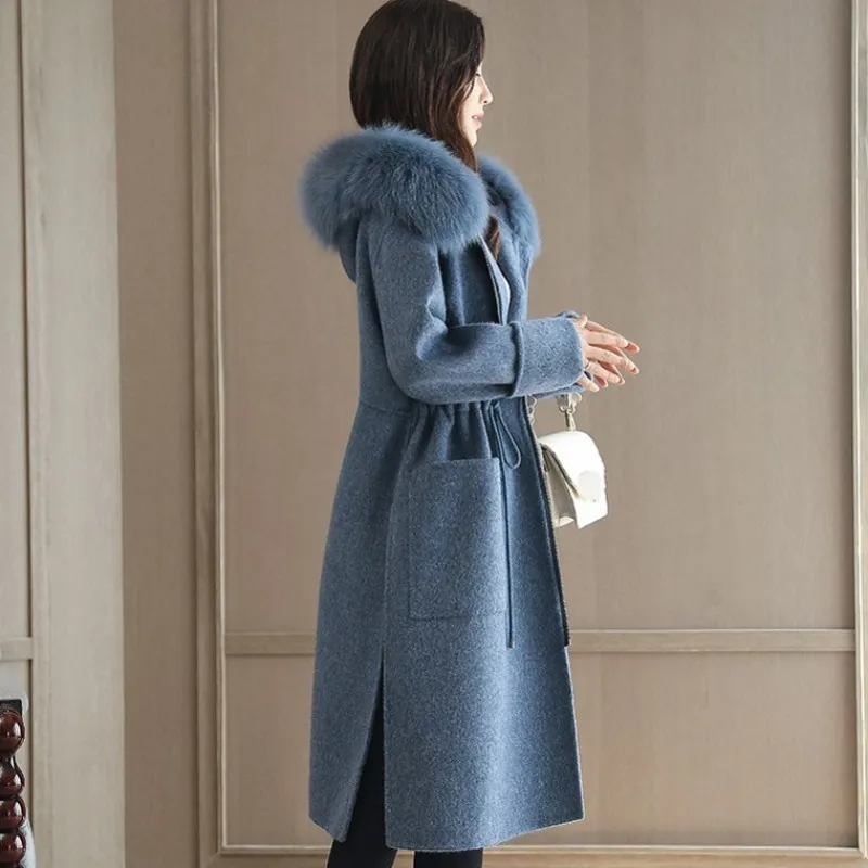 Женское шерстяное пальто с меховым воротником длинная куртка капюшоном