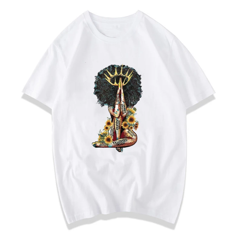 

Hot Sale Women T Shirt Black Woman Praying Afro Woman Praying T Shirt Vintage Black Queen Sunflower Femme Tees